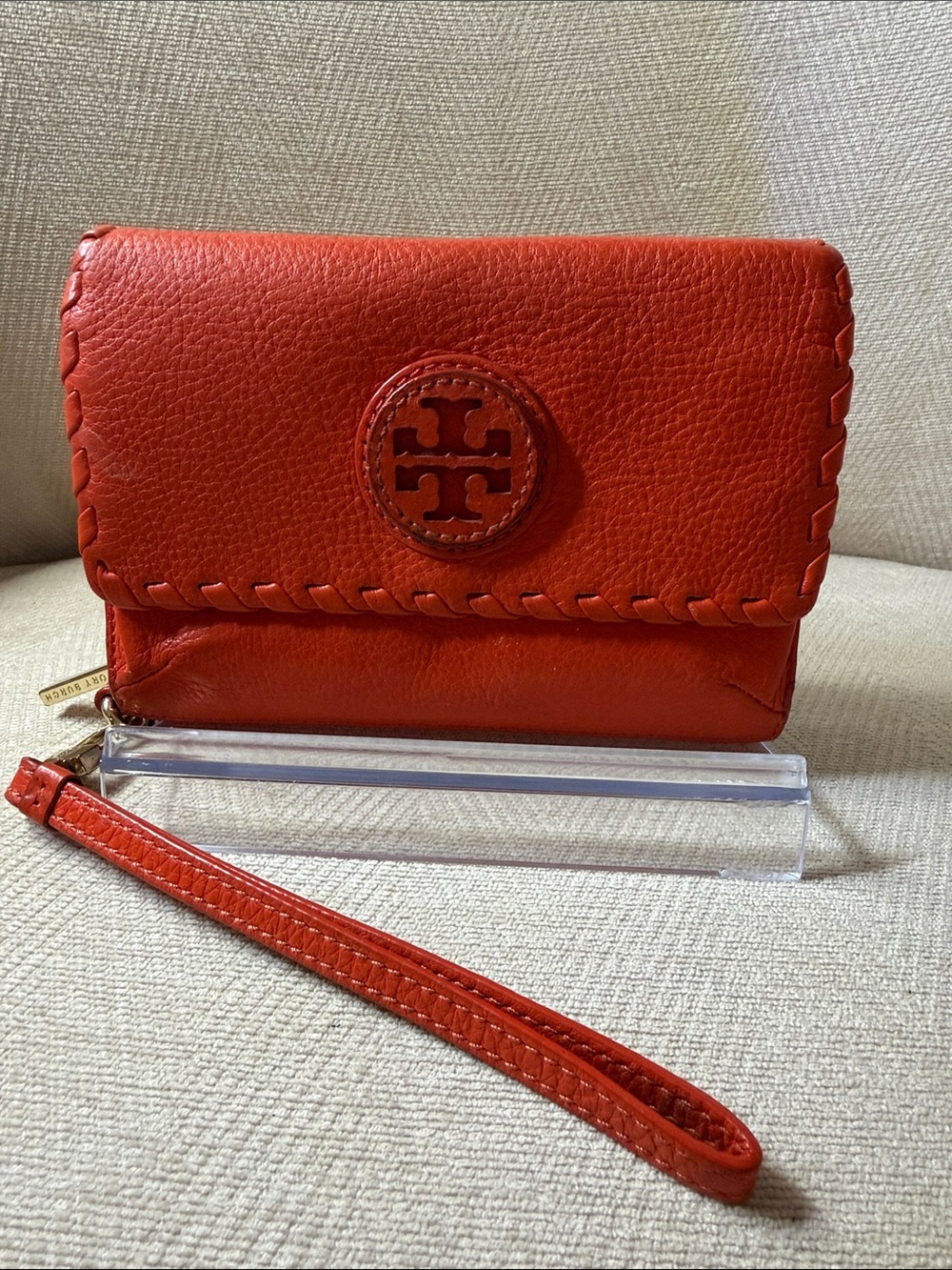EUC Tory Burch Orange Leather Wristlet Wallet